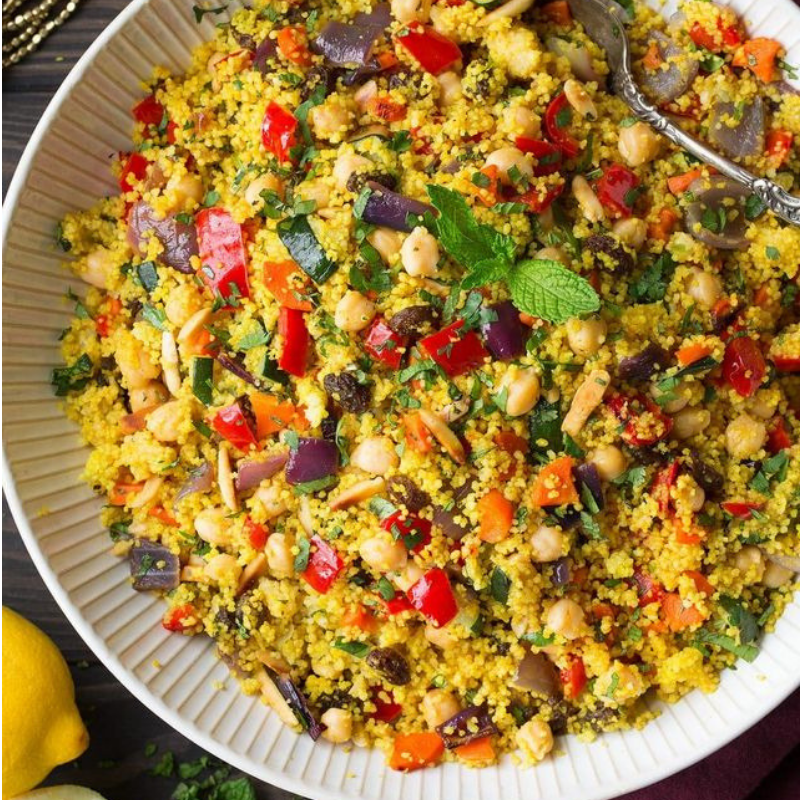 Moroccan Couscous with Roasted Vegetables, Chickpeas and Almonds