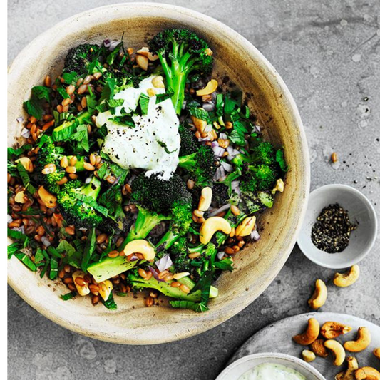 Spelt, cashew and broccoli bowl with yoghurt dressing